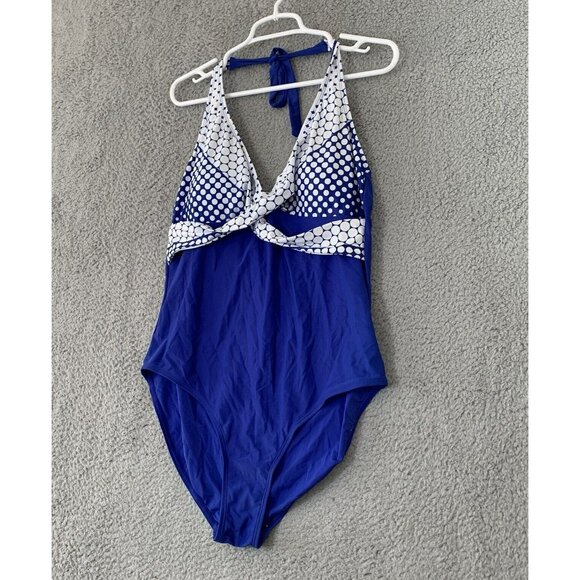 Women's Blue Polka Dot Halter One Piece Swimsuit Retro Color Block XL - Picture 2 of 6